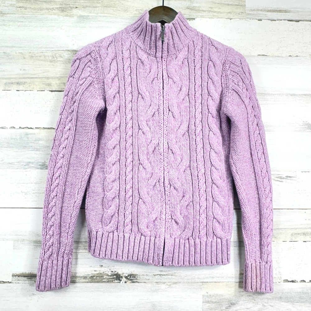 L.L.Bean Pink Cable‎ Knit Full Zip Mock Neck Sweater Jacket Womens XS Cotton